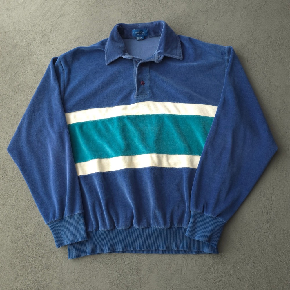 Vintage 80s Towncraft Blue Velour Pullover Shirt Size M Striped Long Sleeve